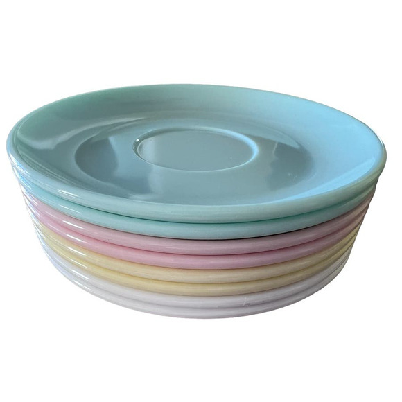 Vintage MCM Watertown Lifetime WARE Saucer Set 6 Blue Pink Yellow White Retro - Picture 1 of 7